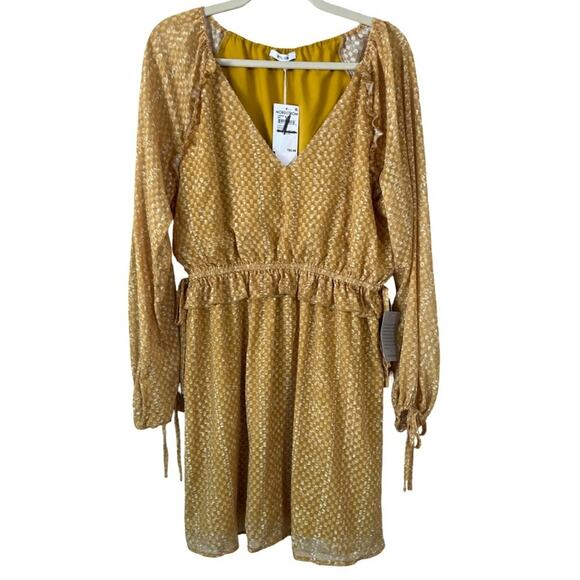 BTFL-Life Gold Long Sleeve Mini Dress Size L Ruffle Waist Lined Nordstrom NWT - Picture 3 of 11